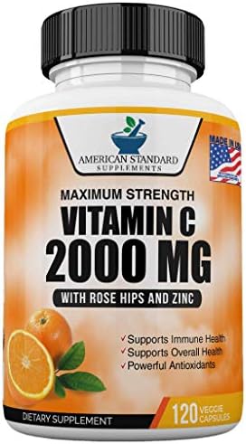 Vitamin C 2000mg with Zinc 40mg Per Serving and Rose Hips Extract, Immune Support for Adults, Immune Booster, Vegan Non GMO, No Filler, No Stearate, 120 Vegan Capsules, 60 Day Supply