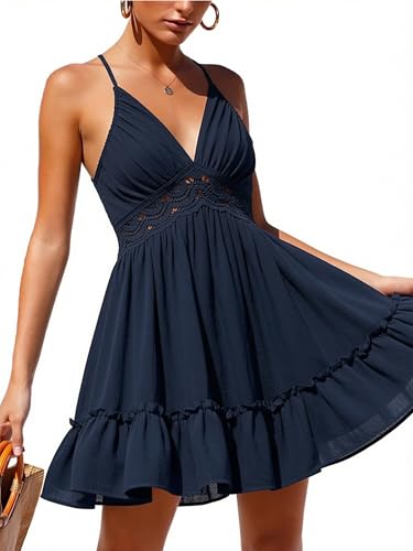 Image of ECOWISH Summer Dresses for Women 2026 V-Neck Spaghetti Strap Bowknot Backless Sleeveless Lace Mini Swing Skater Dress