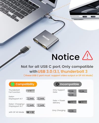 Type C to Dual HDMI Adapter 4K@60hz, Type C to HDMI Splitter for 2 Monitors, (Thunderbolt 3/4) USB C to Dual HDMI Hub Extend Display for MacBook Air/Pro, Dell XPS, Surface, Chromebook 4 41MKtNe4m7L