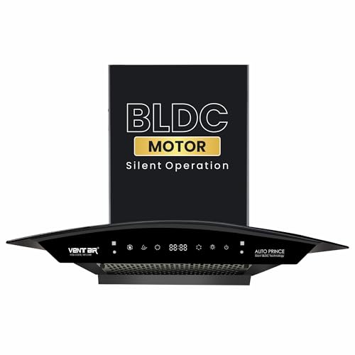 Image of Ventair 60 cm BLDC 1500 m3 /hr Filterless Autoclean Silent Kitchen Chimney (Auto Prince, BLDC Motor, 9 Speed Motion Sensor & Touch Control, Wall Mount, Curved Glass, Black, Made in India)