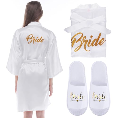 Bride Morgenmantel Damen Bademantel Satin Bride To Be Braut/Brautjungfern Bademantel Kimono Braut Hochzeit Pantoffeln mit Braut Kosmetiktasche für Brautjungfer Hochzeit Party Pool Pajama Party