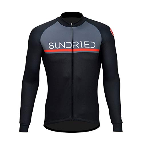 Sundried Mens Long Sleeve Cycling Jersey Road Bike MTB Bicycle Clothing (Black, L)
