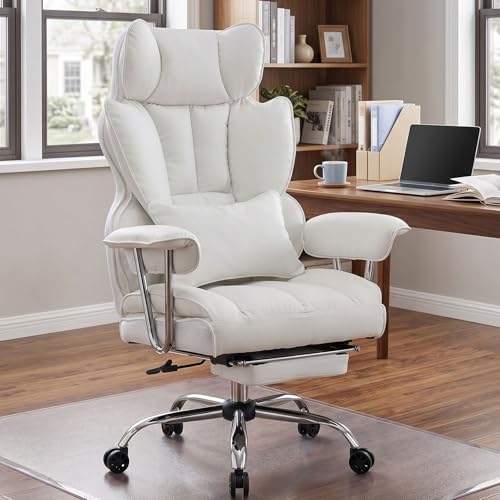Image of Efomao Big and Tall Office Chair 400lbs, Executive PU Leather Desk Chair with Footrest & Lumbar Support, Heavy Duty Computer Seating for Home, White | 400lbs support, 135 recline, dual-layer foam cushion, 23.5 inch seat & footrest. BIFMA