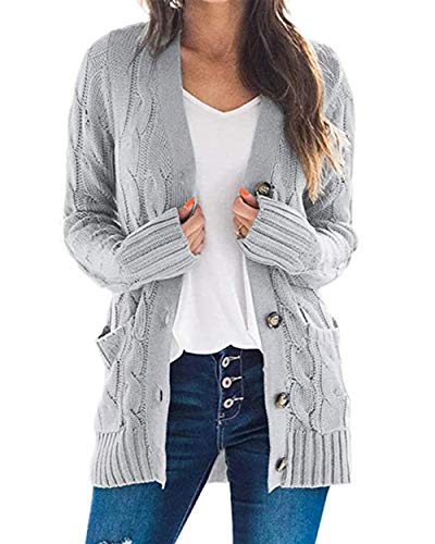 Lantch Strickjacke für Damen Grobstrick Strick Cardigan Strickmantel Winter Outwear Cardigan mit Taschen(Grau,M) Cover