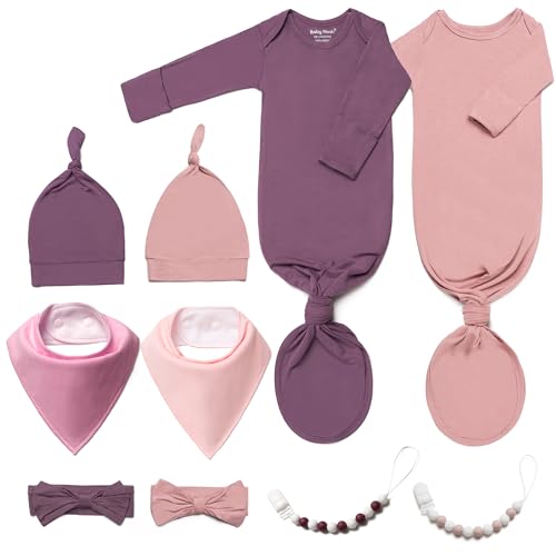 Image of 2PK Ultra Soft Knotted Newborn Sleep Gown for Baby Girls Boy- Coming Home Hospital Outfit with Hat, Bow, Clip & Drool Bib Set