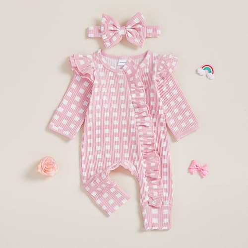 Newborn Baby Girl Clothes Ribbed Ruffle Romper Long Sleeve Zipper Onesie Jumpsuit Coming Home Outfit Girl2