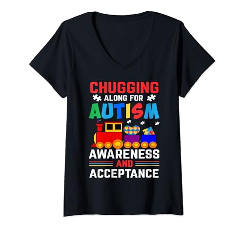 Mujer Autism Awareness And Acceptance Train Autism Puzzle Piece Camiseta Cuello V