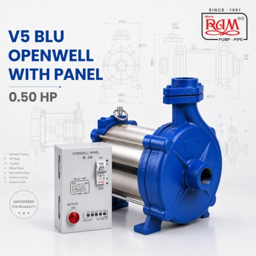 Image of V5 BLU 0.5 HP Domestic Open Well Submersible Pump | with Penal Bord | 1 Phase Water Pump for Home, Farm & Tank Filling | Heavy Duty Copper Motor | High Water Flow