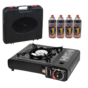 CVS Portable Camping Stove with 4x220g Butane Gas Canisters & Carry Case, Piezo Ignition Gas Cooker with Adjustable Heat Control, Portable Butane Gas Stove for Camping, Caravan, BBQ & Outdoor Cooking