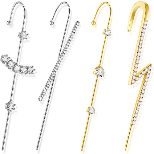 4 Pieces Ear Cuff Wrap Crawler Hook Earring Alloy Rhinestone Ear Climbers Piercing Ear Jewelry for Valentine, Gold and Silver (Classic Style)