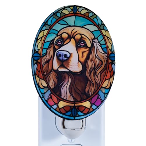 Image of Dog Night Light Cavalier King Charles Spaniel Stained Glass Style Pet Decor for Dog Lovers Plug in Wall Animal Nightlight for Bathroom Bedroom Hallway Gift