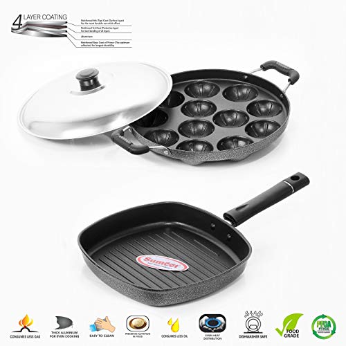 Image of Sumeet Nonstick Stainless Steel Amez Grill Pan - 22cm and Grill Appam Patra Combo Set (Silver) - 12 Pcs