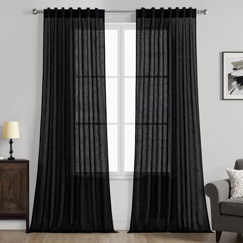 MIULEE Black Linen Curtains 96 Inch Length 2 Panels for Bedroom Living Room, Soft Thick Linen Textured Back Tab Window Drapes Semi Sheer Light Filtering Rod Pocket Modern Farmhouse Halloween Decor