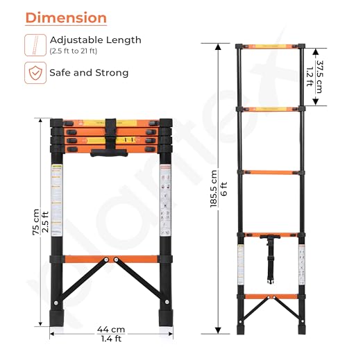 Image of Plantex 1.9m (6.23 ft.) Telescopic Ladder /Carbon Steel 5-Steps Portable & Compact Ladder /Foldable Multipurpose Collapsible Ladder for Home & Outdoor Use - (Orange)