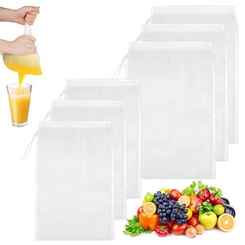 Annickee 6 Bolsas De Tela Reutilizables Para Filtrar Leche Vegetal, Colador de Tela 20×30cm/ 24×36cm, Cheese Cloth Nylon de Malla 100 con Cuerda, para Tamizar Zumo, Queso, Leche de Nueces