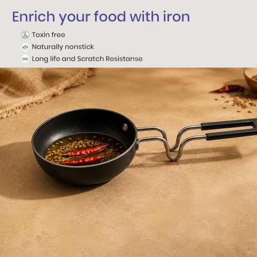 Image of DOZY Iron Tadka Pan | Black | Stainless Steel Handle | Fast Heating on Low Flame | Easy to Clean | Induction and Gas Compatible | Best for Regular use | Rust- resitant