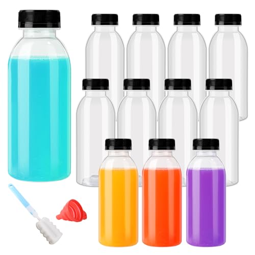 YBCPACK 12 Stück 450ml Hitzebeständig Plastikflaschen Zum Befüllen, Spülmaschinenfest, PP Kunststoff Wiederverwendbare Saftflaschen inklusive Reinigungsbürste und Silikontrichter