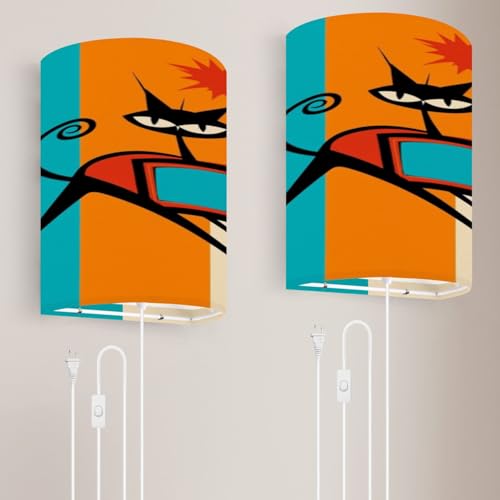 RAINFALLARING Mid Century Modern Plug in Wall Sconces Set of 2 Abstract Cat Retro TV Bold Color Accents Wall Lamp Lights Fixtures Linen Corded Sconces for Bedroom Living Room Hallway Porch Decor