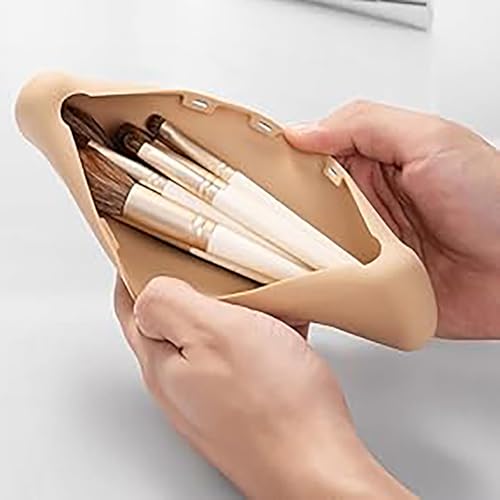 Estojo de silicone com suporte de pincéis de maquiagem, portátil e compacto, perfeito para organização de viagens, cáqui