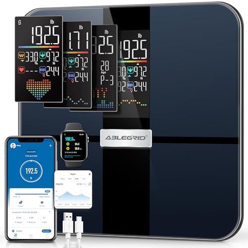 ABLEGRID Smart Body Fat Scale Rechargeable Digital Bathroom Scale for Body Weight Gradient Trends and Difference in Change Display 22 Body Metrics BMI Muscle Mass Heart Rate Water Weight 400lb