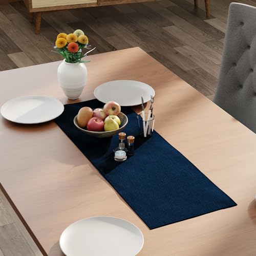 Image of Encasa XO Dining Table Runner for 4 Seater, Chenille Fabric Blue