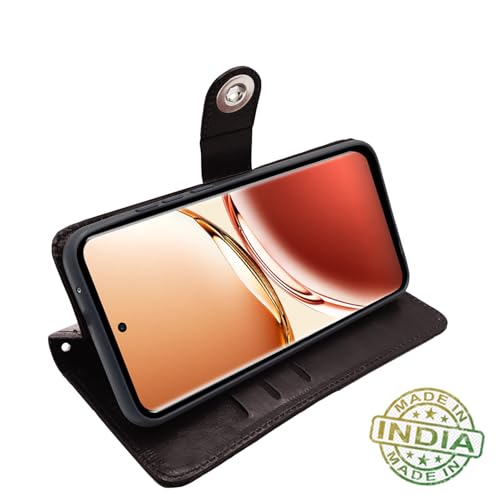 Image of Pikkme Flip Cover Leather Finish | Inside TPU with Card Pockets | Wallet Stand and Shock Proof | Complete Protection Button Flip Case for Oppo F27 Pro Plus 5G (Coffee)