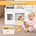 JOYLDIAS Play Kitchen, Wooden Kids Play Kitchen Playset Chef Pretend Play Set for Toddlers w/Ice Cube Dispenser, Oven, Cooking Accessories,Trendy Home Style w/Curtains, Storange Box, Gift for Ages 3+