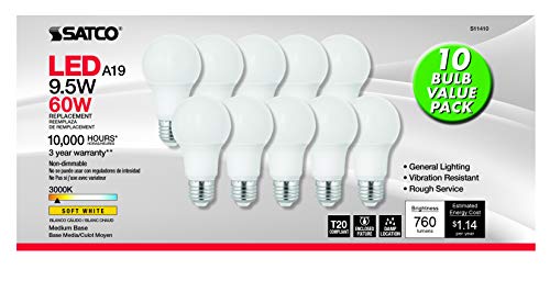 Image of Satco S11410, A19 LED Light Bulbs, 60W Replacement, 3000K, 10-Pack | 760 lumens each, 90 CRI, Enclosed fixture rated, Damp location approved, Title 20 compliant