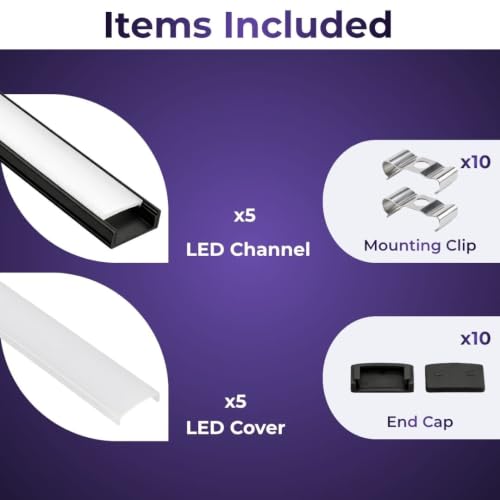 Image of Lighting (18x6mm) LED Strip Light 1Meter Black Aluminium Rectangular Surface Profile Light Channels with Diffused, Black End Caps and Mounting Clips Without LED Straight Linear (5)