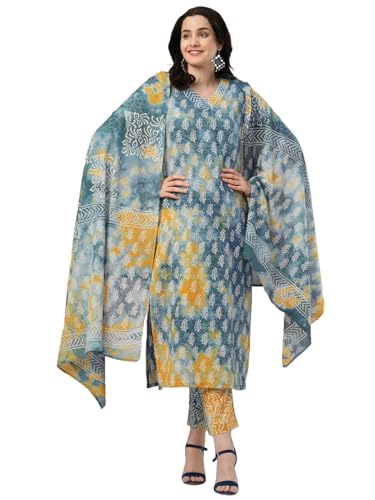 Image of GoSriKi Women's Cotton Blend Straight Printed Kurta with Pant & Dupatta