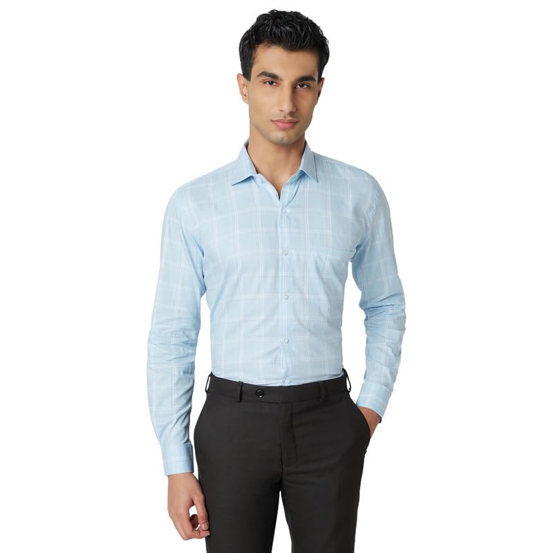 Image of MARK & ALBERT 100% Cotton Full Sleeves Regular Fit Formal Shirt for Men Blue