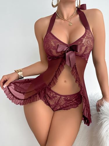 Image of Foxiny Sexy Halter Open Front Ruffle Sheer Mesh Lace Babydoll Lingerie Dress with Thong 2 Piece