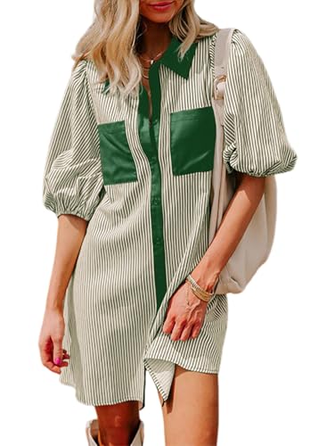 Image of AlvaQ Women Dress Summer 2025 Casual V Neck Short Sleeve Button Down Striped Tunic Dresses with Pockets