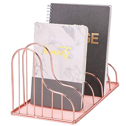 Simmer Stone File Sorter Organizer, 5 Section Magazine Holder Rack, Creative Wire Desk Bookshelf for Mail, Document, Folder, Record and More, Rose Gold
