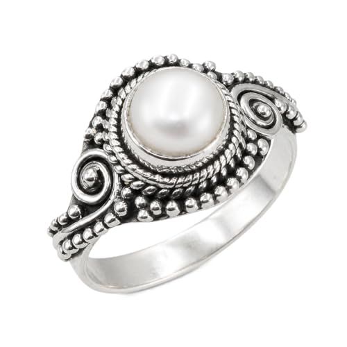 Round Freshwater Pearl 925 Sterling Silver Handmade Boho Promise Design Ring For Women Gift Jewelry (5.5)