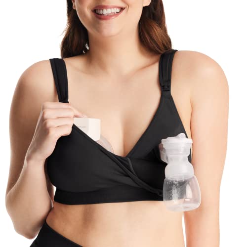 Image of Momcozy Lycra Pumping Bra Hands Free with Fixed Padding for Good Shaping, Comfortable Support Pumping and Nursing Bra in One, Seamless Maternity Breast Pump Bra & Maternity Bra Black