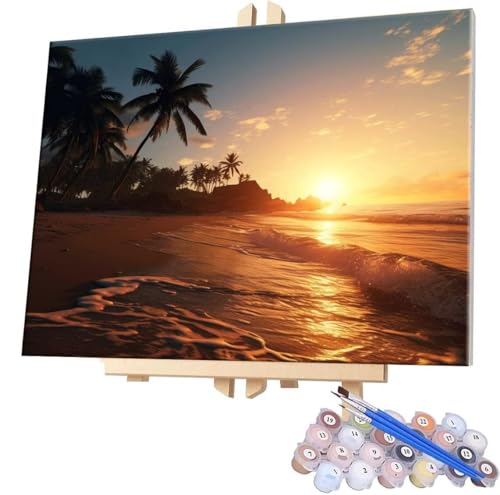 Peinture Numero Adultes, DIY Plage de sable coucher de soleil Peinture par Numero Adultes, Acryliques Peinture par Numéros pour Débutants, Loisirs Créatifs Adultes Tableau Decor Murale 80x100cm A-680