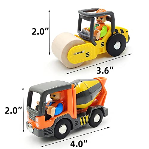 Wooden Train Cars Track Accessories Set Rescue Roller Truck and Mix Truck Toys Small Vehicles Magnetic Train Cars Fit for Wooden Train Track Railway for Boys and Girls (Engineering Set)