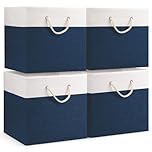 woodluv Storage Cube Boxes Large, Set of 4 Foldable Storage Basket for Cupboards, Shelves, Closet, Set of 4, Navy Blue, 33 x 33 x 33 cm