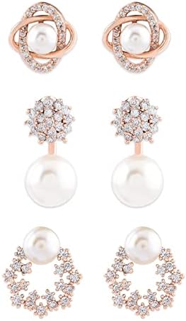 Zaveri Pearls Combo of 3 Cubic Zirconia & Pearls Contemporary Brass Stud Earrings For Women-ZPFK10381