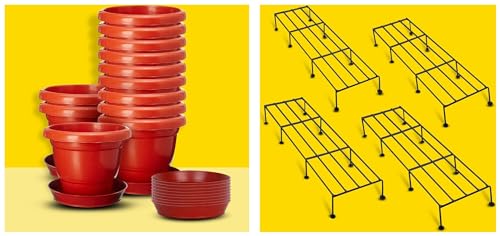 Image of Kraft Seeds Spectacular Metal Stand - 24 inch es (Set of 4) Gamla Planter Pots With Bottom Plate Tray (12 Pcs, 8 inch, Red)