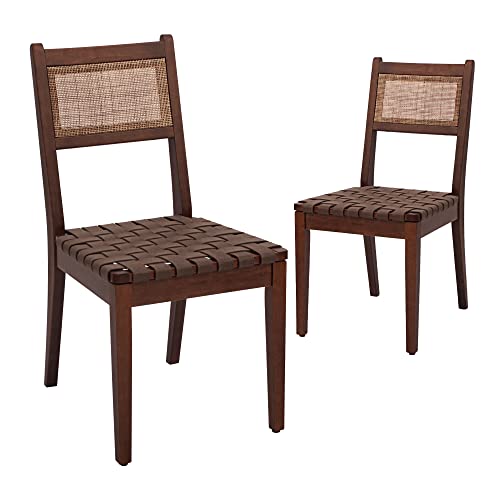 Canglong Chairs With Rattan Backrest And Vegan Leather Woven With Solid Wood Leg For Dining Room Bedroom Kitchen Restaurant, Set Of 2, Drak Brown #TOP29