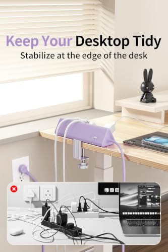 Image of 6.5 FT Desk Clamp Power Strip with 5 AC Outlets & 6 USB Ports PD 40W USB-C Fast Charging, Extension Cord with Multiple Outlets, Fits 2.1 in top Edge Purple