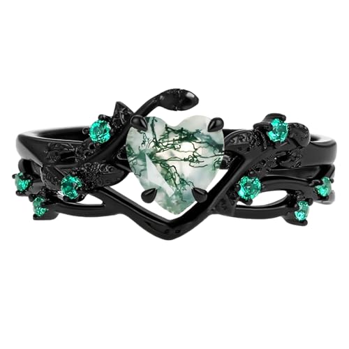 Moss Agate Engagement Ring Set for Women 925 Sterling Silver Black Gold/White Gold/Yellow Gold/Rose Gold Moss Agate Ring for Her Customizable Wedding Ring Stacking Inspired Leaf Jewelry