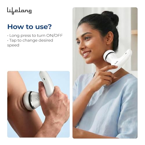 Image of Lifelong Flathead Massager | Rechargeable Body Massager for Pain Relief | 4 Special Heads for Targeted Therapy | 4 Speed Levels | Full Body Electric Percussion Massager for Adults & Children | White