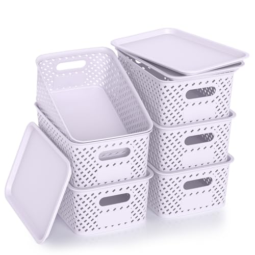 ZFTMRR Plastic Storage Bins with Lid, Stackable Small Box Basket for Organizing and Containers for Shelves Drawers Desktop Closet Playroom Pantry Classroom Office Home, 6-pack 10.2"x7.2"x4.1" Lavender