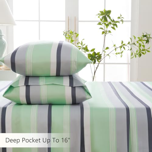 Image of MCO 4Pieces Striped Sheets Set, Breathable King Sheet Set with 16 inch Deep Pocket,Modern & Luxury, Brushed Microfiber Bedding Set(King, Green Gray)