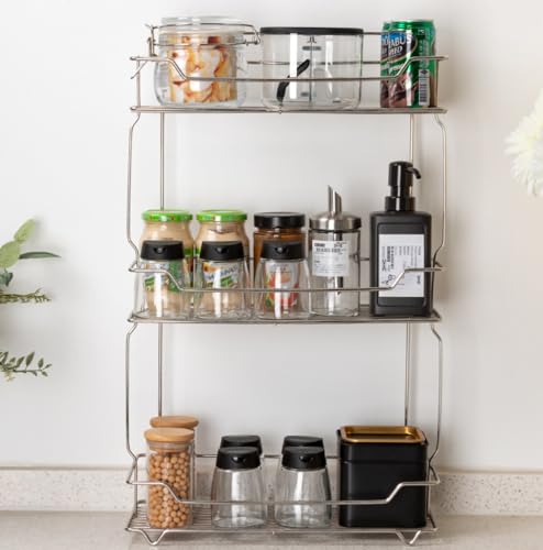 Image of Krevia 3 Tier Multifunctional Storage Rack for Kitchen | Free Standing & Hanging Stainless Steel Spice Organizer | Stackable and Practical Fruit Rack for Kitchen, Pantry, Bathroom (Silver)