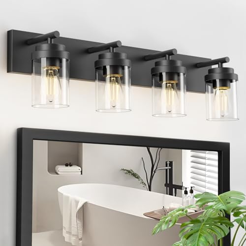 Image of IZORRO Bathroom Vanity Light Fixture, 4-Light 30 Inch Matte Black Bathroom Light Fixtures Over Mirror, with Clear Glass Shade, Modern Farmhouse Vanity Lights, Rustic Restroom Lighting Fixtures