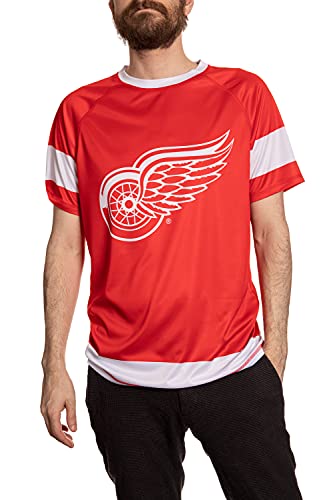NHL Mens Performance Quick Dry Moisture Wicking Rash Guard Short Sleeve Shirt (Detroit Red Wings Large)